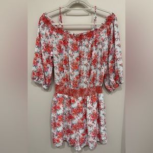 Anthropologie Skies are Blue Red White Floral Shorts 3/4 Sleeve Smocked Romper